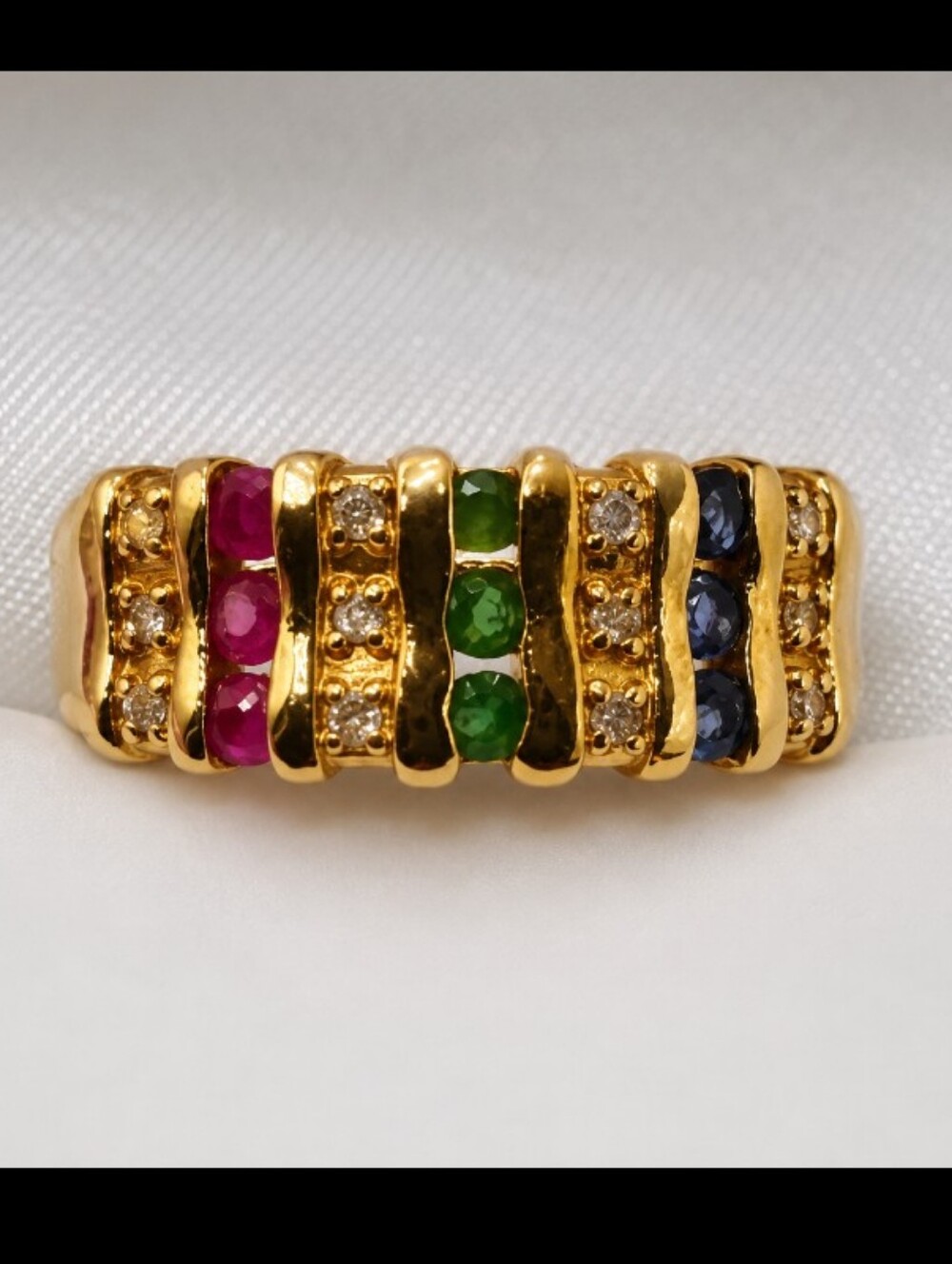 18K YELLOW GOLD NATURAL RUBY ENERALD SAPPHIRE  DIAMOND  RING Sizev 5.5